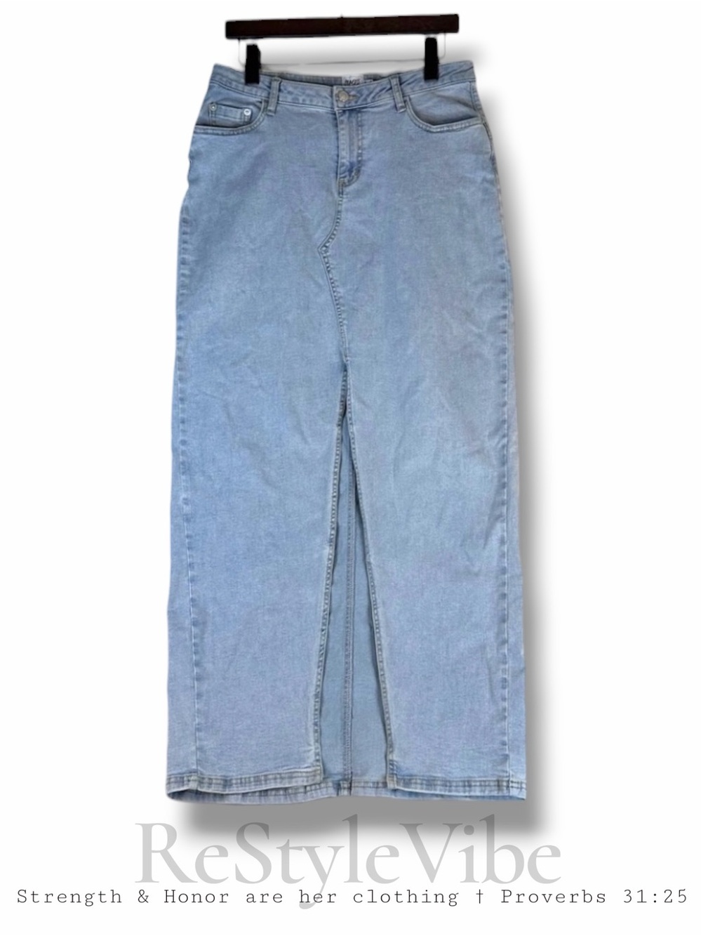 PRINCESS POLLY Women’s Size 8 Denim Jean Skirt Maxi Length Front Slit Stretch
